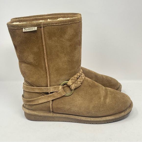 BearPaw Shoes - BearPaw Adele Boots Womens 9 Brown Tan Suede Fur Lined Mid Calf Braided Strap